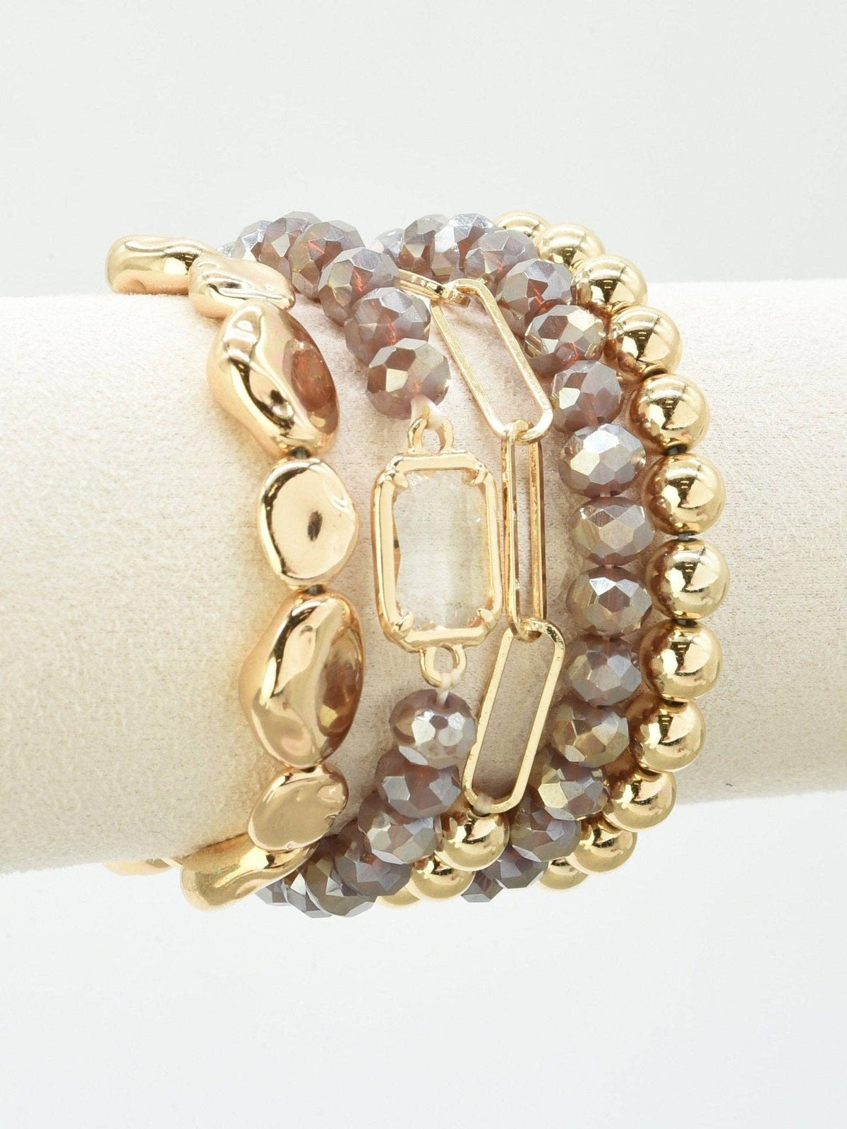 Mink & Gold Beaded Stretch Bracelet Stack Set of 5