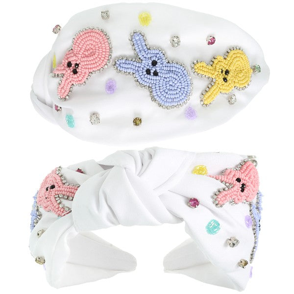 EASTER POLKA DOT BEADED TOP KNOTTED HEADBAND - White