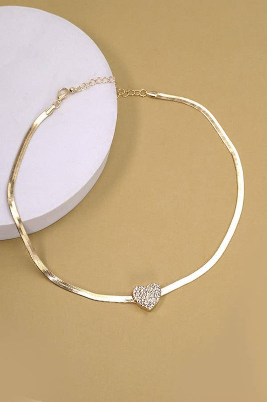 HERRING-BONE NECKLACE WITH RHINESTONE HEART CHARM