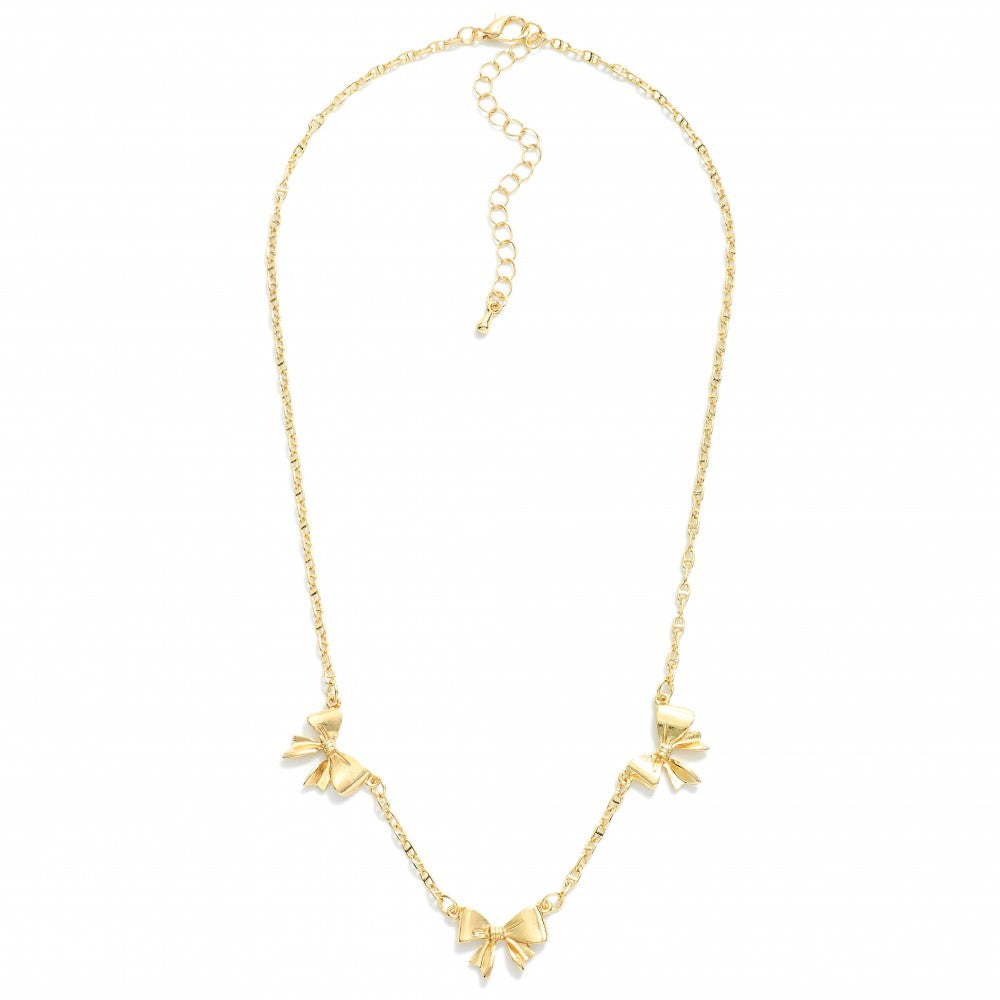 Anchor Chain Necklace Featuring Metal Bow Stations - Gold
