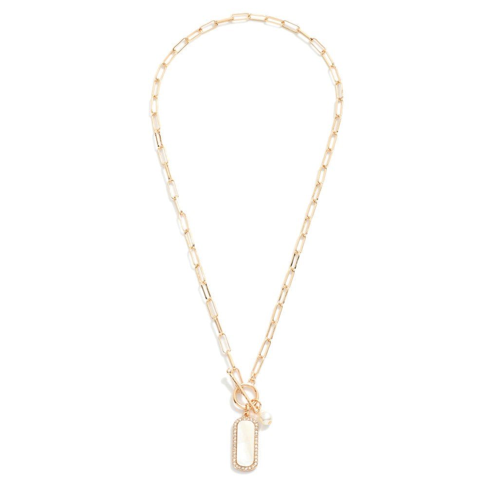 Metal Tone Paperclip Chain Link Toggle Necklace Featuring Pearlescent Rectangle Pendant - Gold