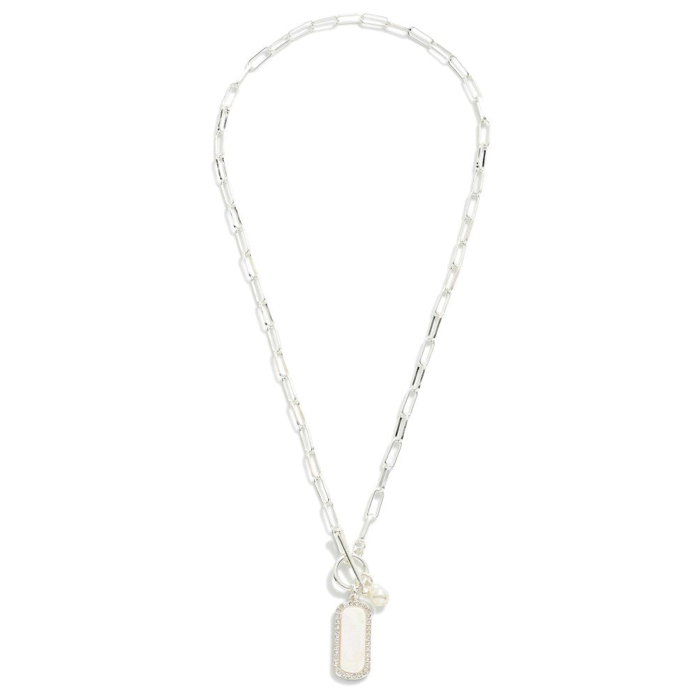 Metal Tone Paperclip Chain Link Toggle Necklace Featuring Pearlescent Rectangle Pendant - Silver