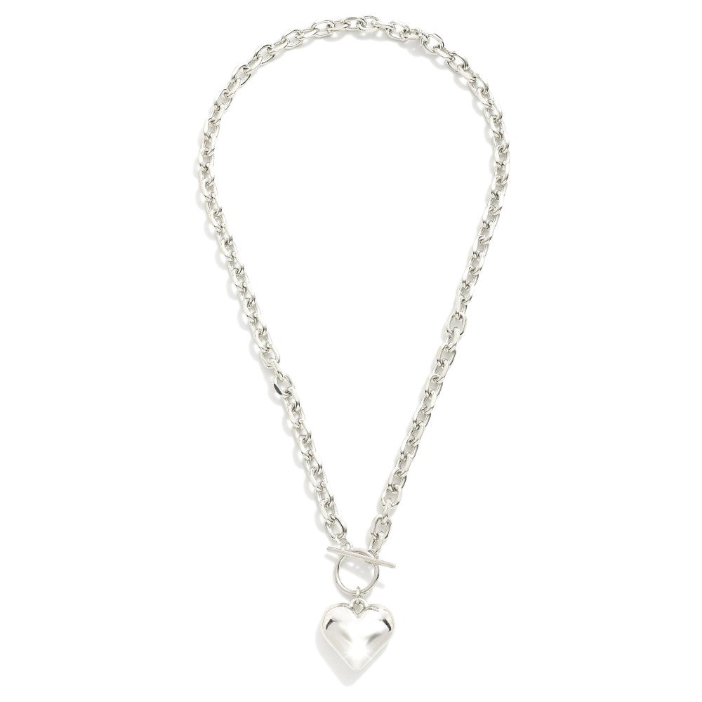 Chain Link Necklace Featuring Toggle Clasp & Metal Bubble Heart Pendant - Silver
