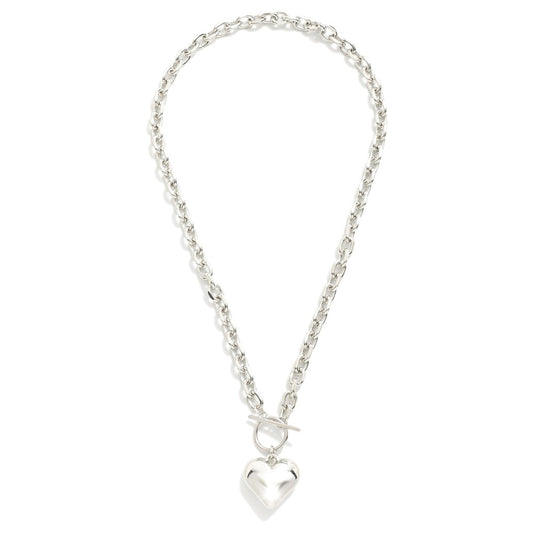 Chain Link Necklace Featuring Toggle Clasp & Metal Bubble Heart Pendant - Silver