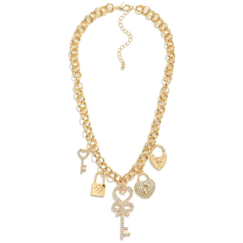 Double Link Chain Link Charm Necklace Featuring Metal Tones, Keys, & Locks Charms