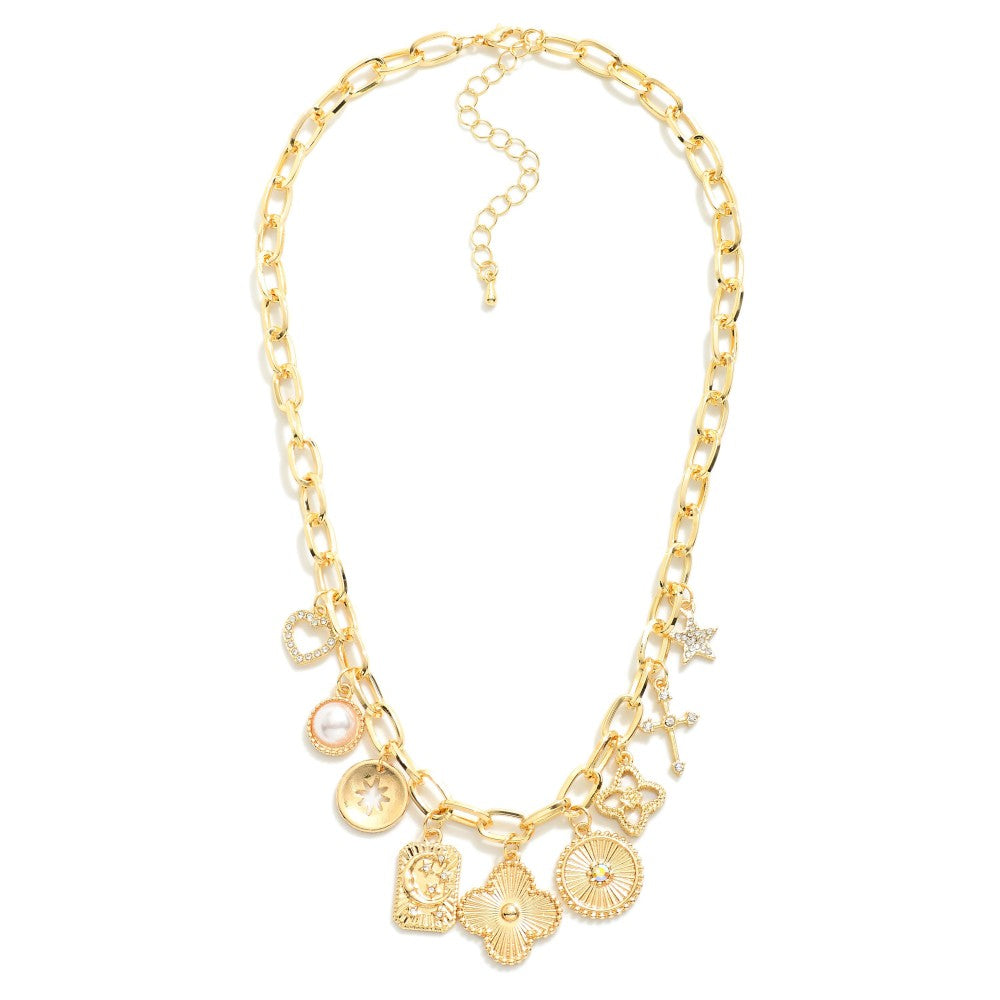 Metal Tone Paperclip Chain Link Charm Necklace Featuring Clovers, Cross, & Rhinestones