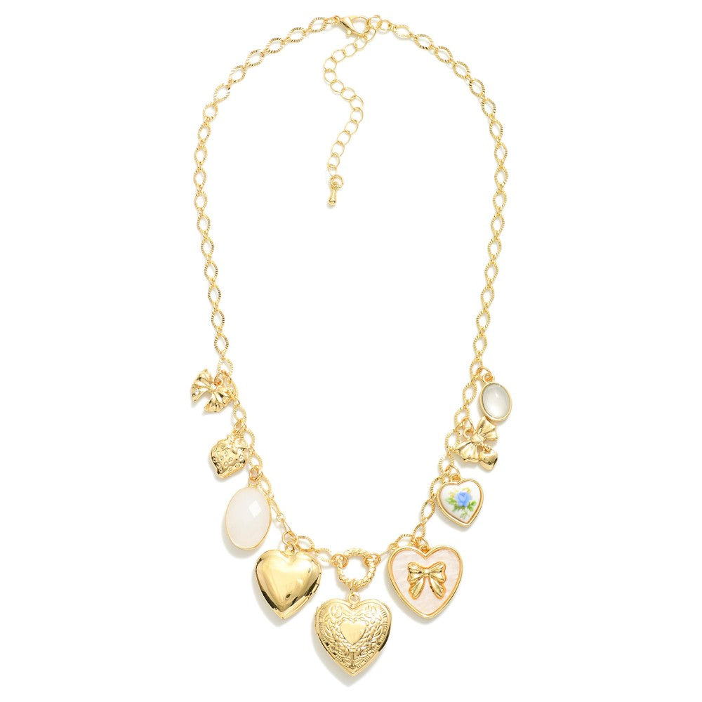 Textured Metal Chain Link Charm Necklace Featuring Metal Tones, Bows, & Hearts - Gold