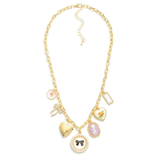 Chain Link Charm Necklace Featuring Metal Tones, Resin Charms, & Hearts