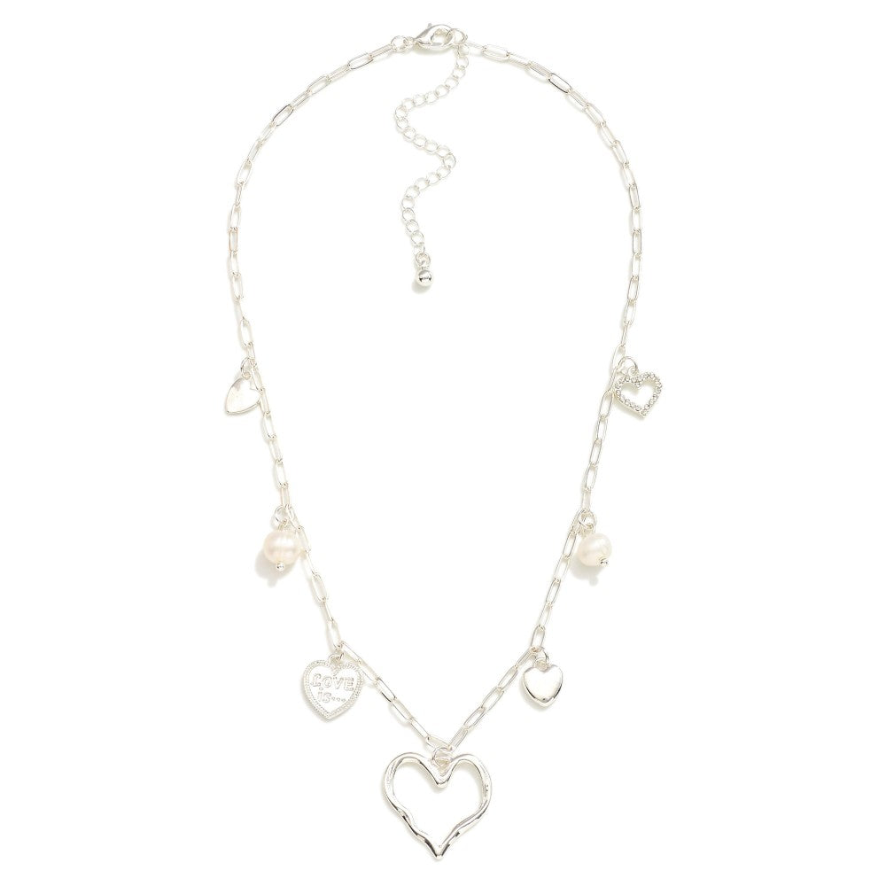 Paperclip Chain Link Charm Necklace Featuring Metal Tone Hearts & Pearls - Silver