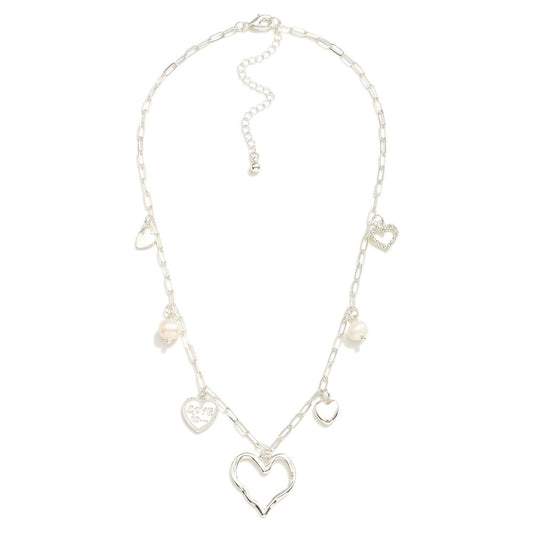 Paperclip Chain Link Charm Necklace Featuring Metal Tone Hearts & Pearls - Silver
