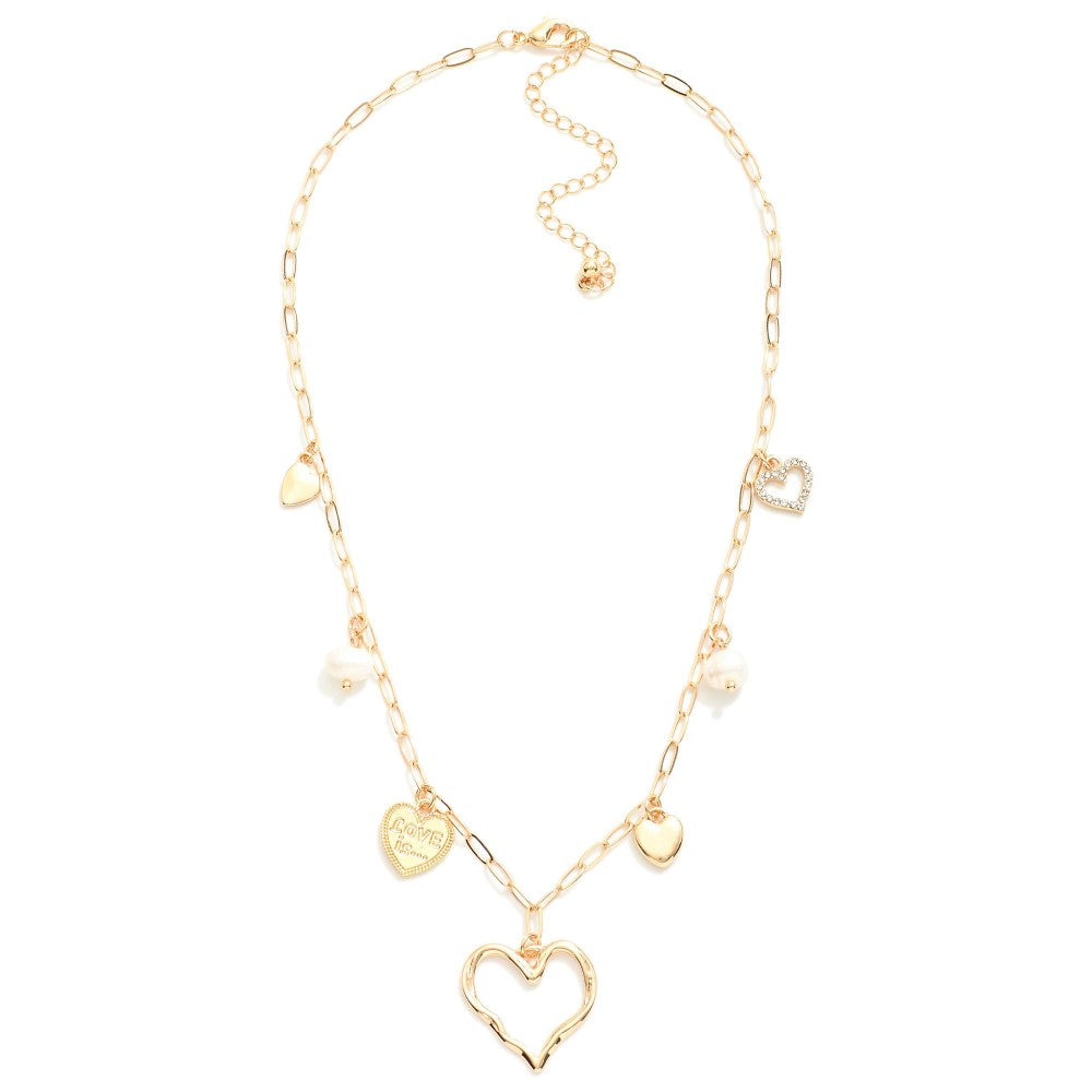 Paperclip Chain Link Charm Necklace Featuring Metal Tone Hearts & Pearls - Gold