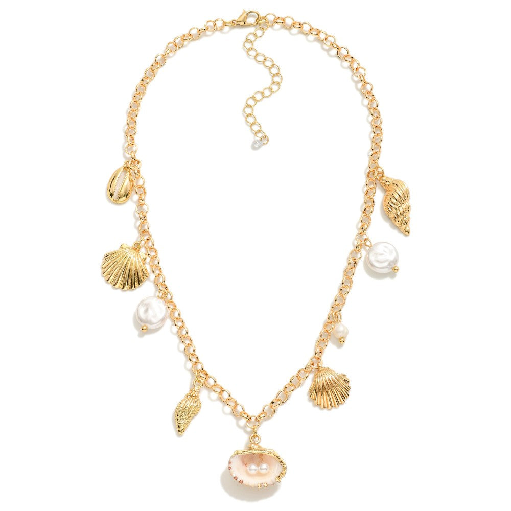 Chain Link Charm Necklace Featuring Pearls & Metal Tone Shell Charms