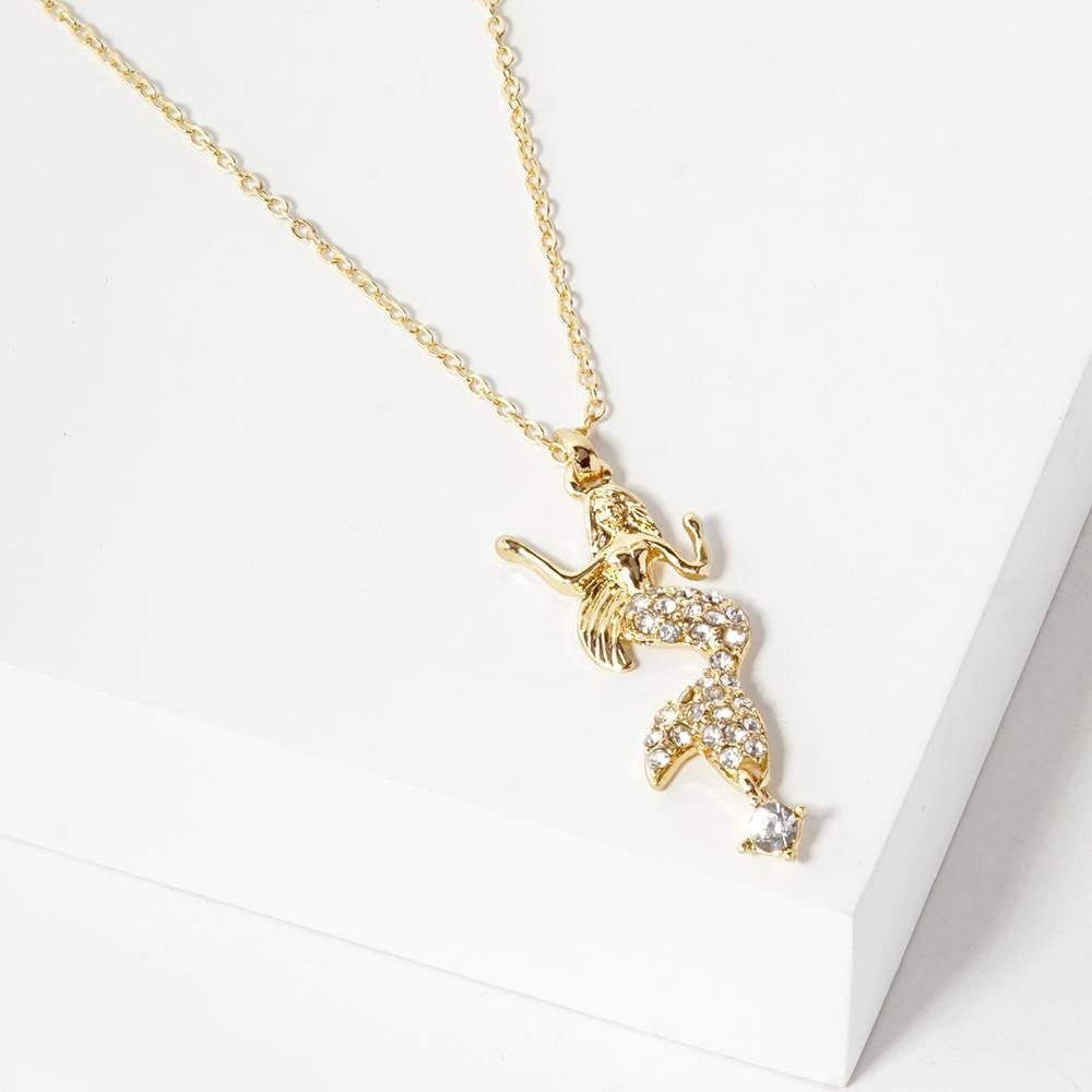 Chain Link Necklace Featuring Rhinestone Studded Mermaid Pendant - Gold