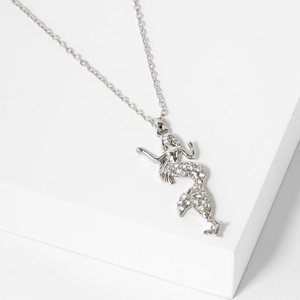 Chain Link Necklace Featuring Rhinestone Studded Mermaid Pendant - Silver