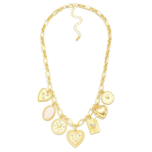 Chain Link Charm Necklace Featuring Metal Tones, Hearts, & Rhinestone Charms