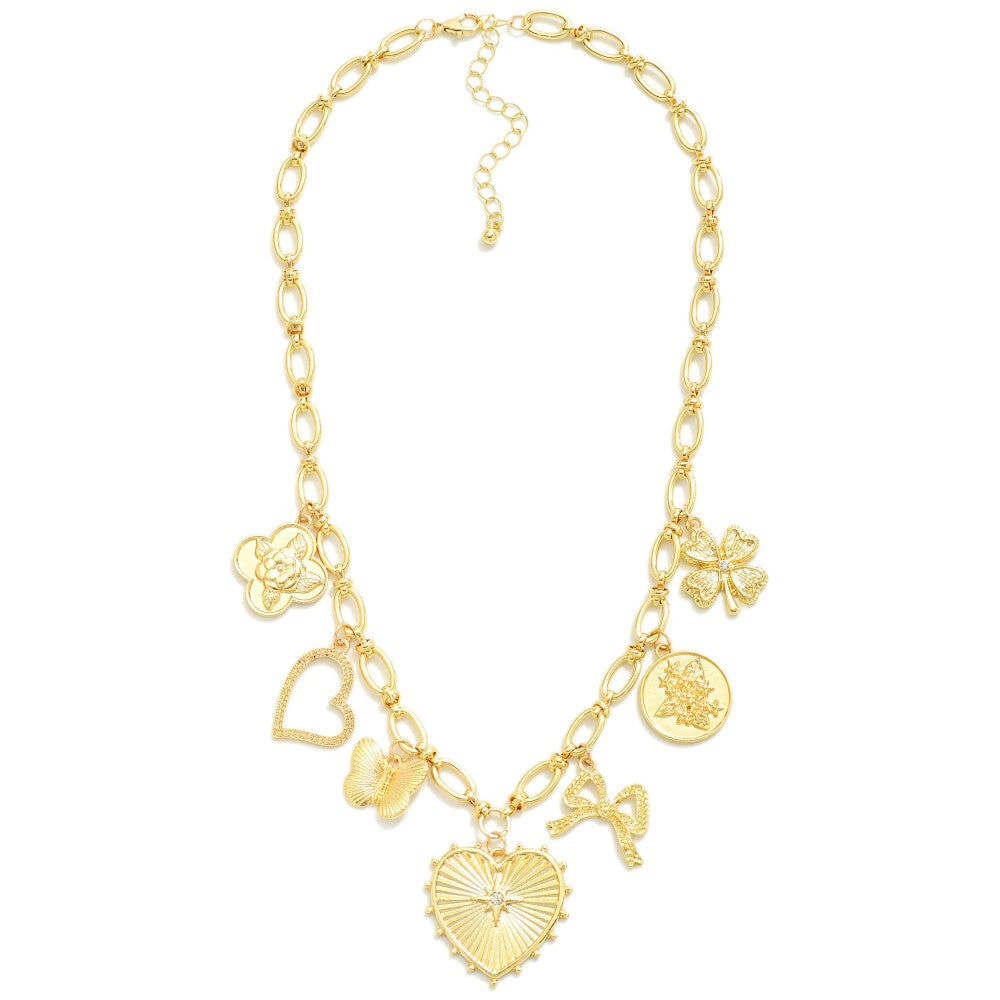 Chain Link Charm Necklace Featuring Metal Tone Hearts, Bows, & Clover Charms