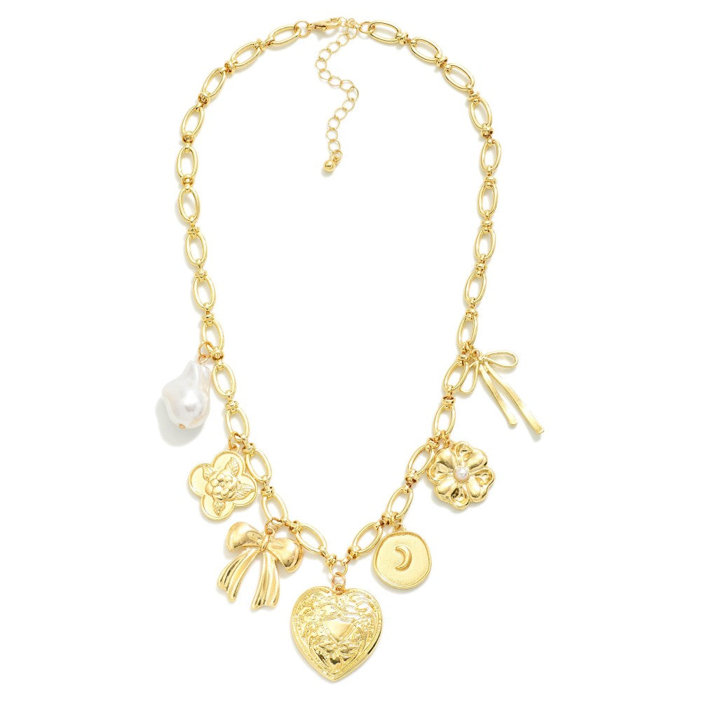 Chain Link Charm Necklace Featuring Metal Tones Bows, Flowers, & Pearl Charms