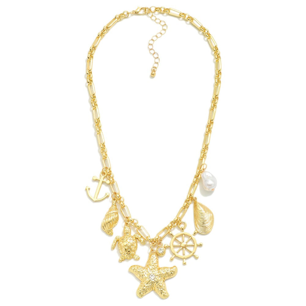 Chain Link Charm Necklace Featuring Metal Tones, Pearl, & Beach Charms