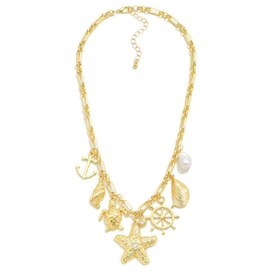 Chain Link Charm Necklace Featuring Metal Tones, Pearl, & Beach Charms