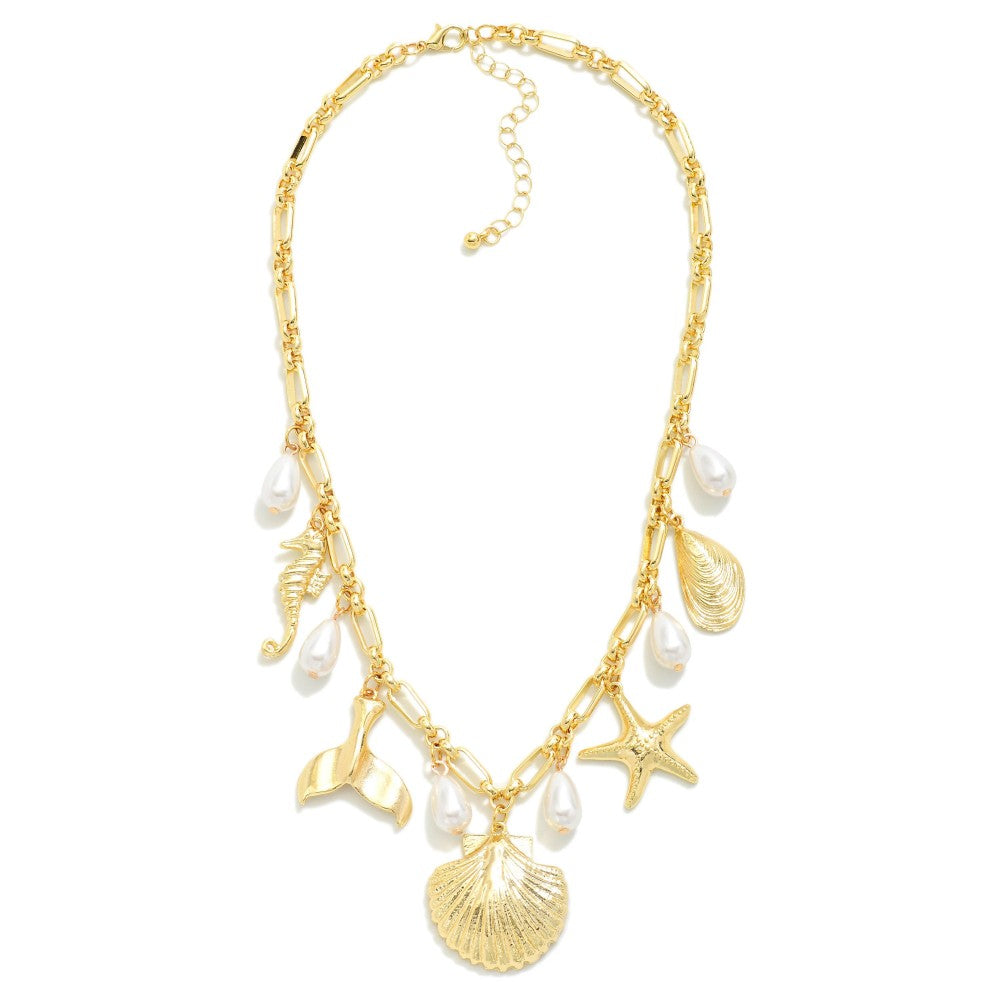 Chain Link Charm Necklace Featuring Metal Tones, Pearls, & Beach Charms