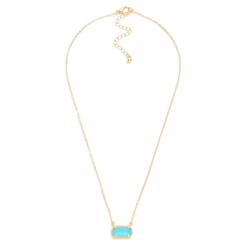 Chain Link Necklace Featuring Glass Crystal Pendant - Turquoise