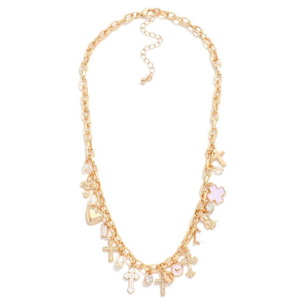 Chain Link Charm Necklace Featuring Metal Tone Cross Charms, Pearls, & Rhinestones