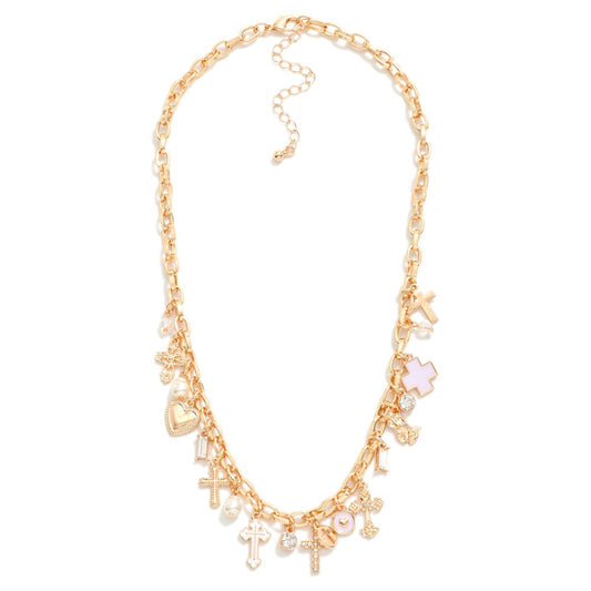 Chain Link Charm Necklace Featuring Metal Tone Cross Charms, Pearls, & Rhinestones