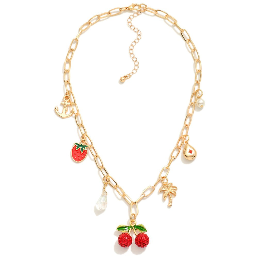 Paperclip Chain Link Necklace Featuring Fruit Charms, Metal Tones, & Glass Crystal
