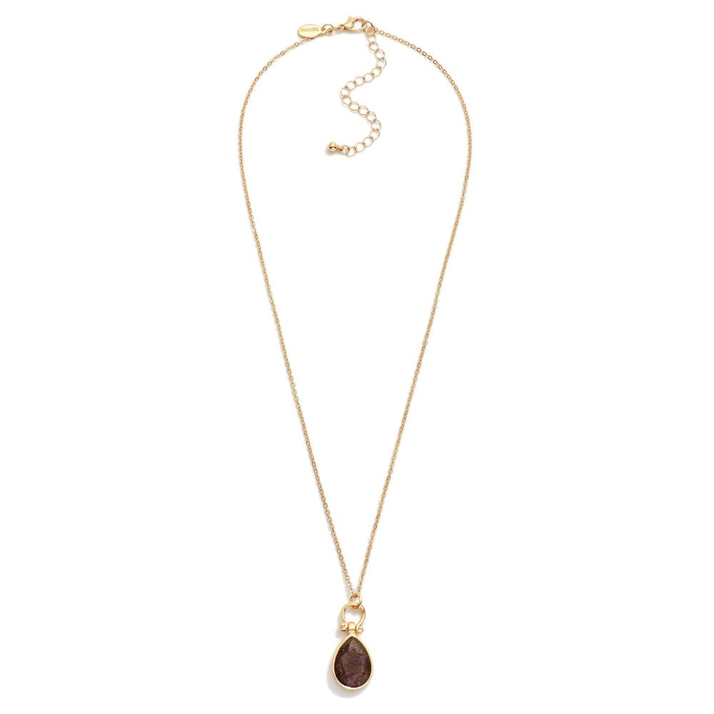 Metal Tone Chain Link Necklace Necklace Featuring Glittery Stone Teardrop Pendent - Purple