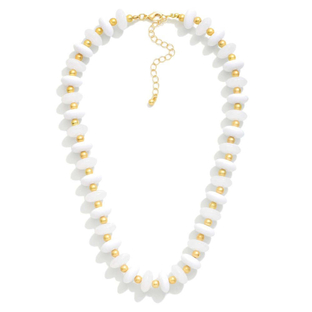 Candy Stone Beaded Necklace Featuring Gold Tone Ball Stations - White