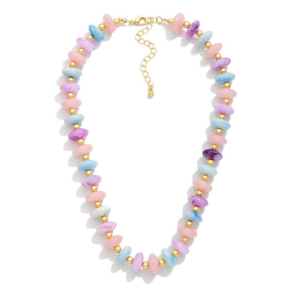 Candy Stone Beaded Necklace Featuring Gold Tone Ball Stations - Purple