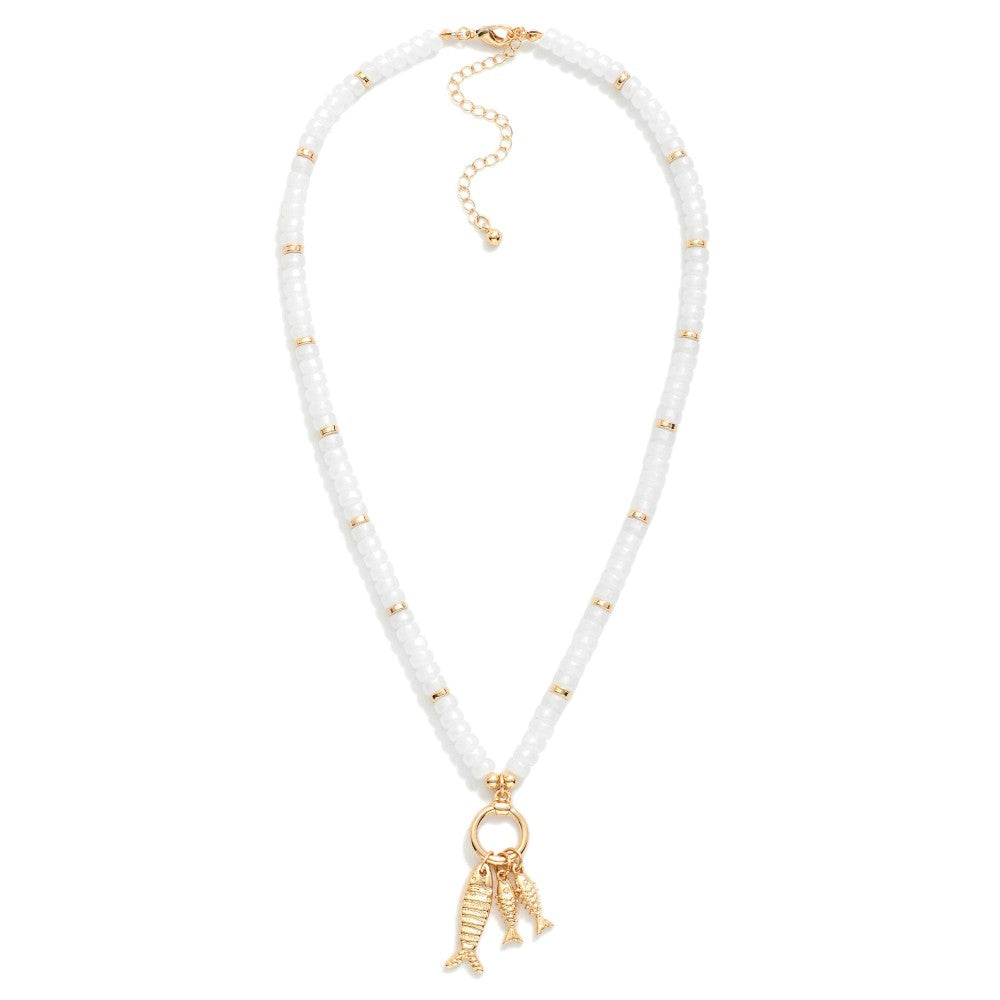Acetate Bead Beaded Necklace Featuring Metal Tone Hoop Pendant & Metal Tone Fish Charms