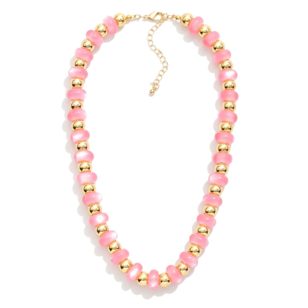 Candy Bead Beaded Necklace Featuring Gold Tone Beads - Pink