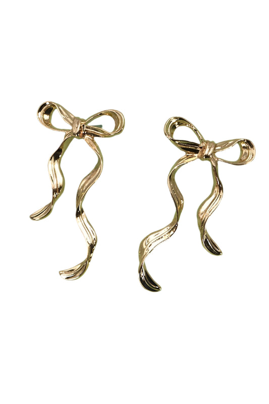 HAMMERED LONG BOW  RIBBON DROP EARRINGS - GOLD