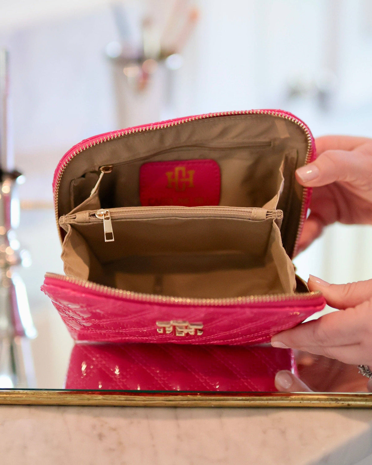Caroline Hill Ibiza Hot Pink Patent Makeup Bag