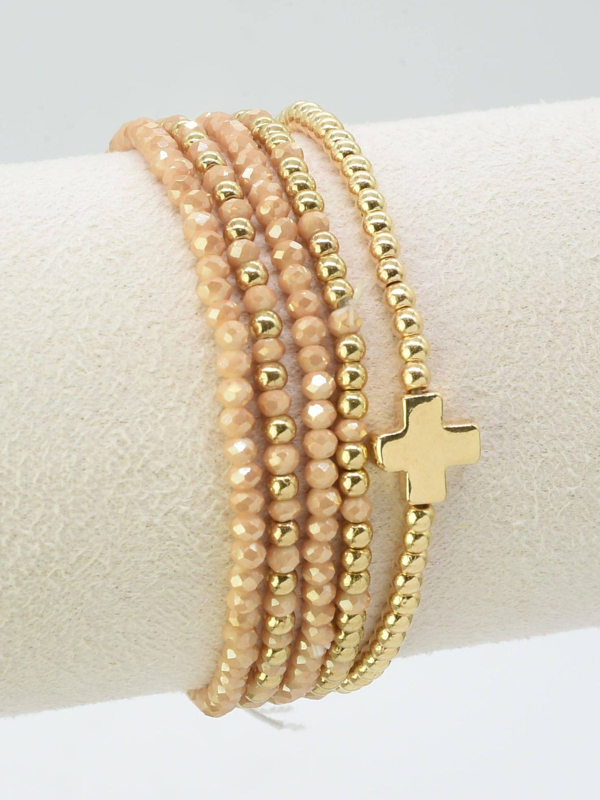 Coffee Brown & Gold Cross Beaded Stretch Bracelet Stack Set of 5