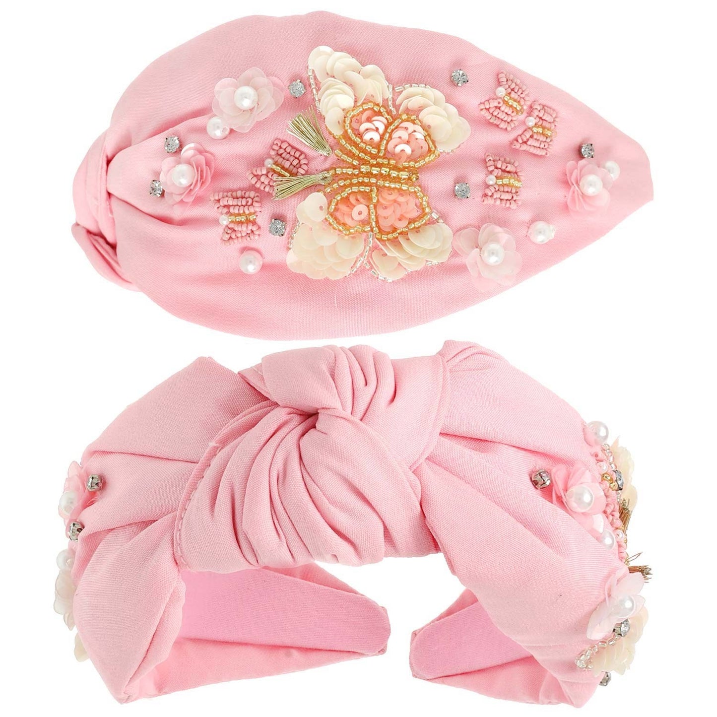 BUTTERFLY BEADED JEWELED TOP KNOTTED HEADBAND - Pink