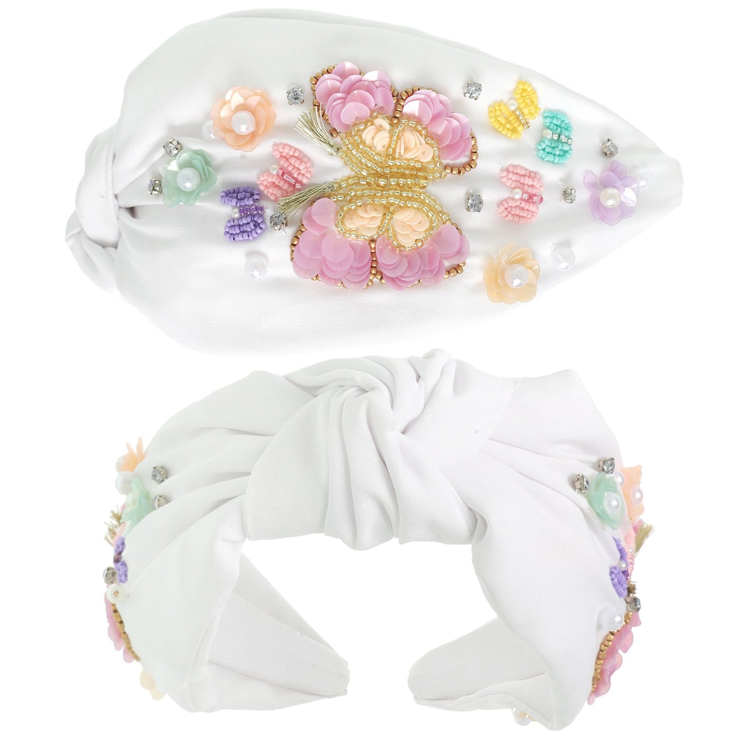BUTTERFLY BEADED JEWELED TOP KNOTTED HEADBAND - White