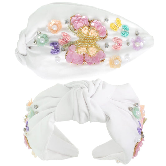 BUTTERFLY BEADED JEWELED TOP KNOTTED HEADBAND - White