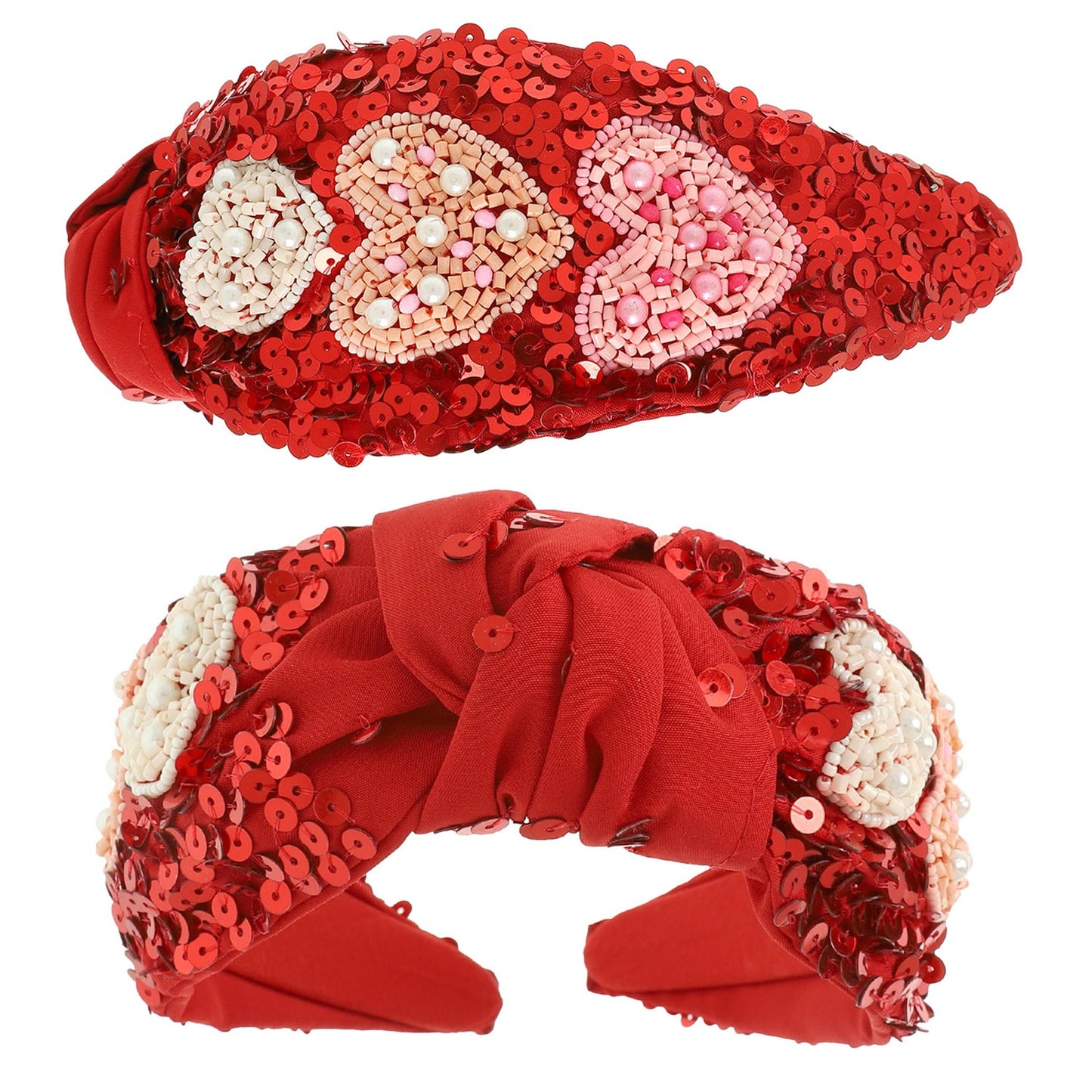 VALENTINE THEME HEARTS SEQUINS PEARL SEED BEAD EMBELLISHED TOP KNOTTED HEADBAND