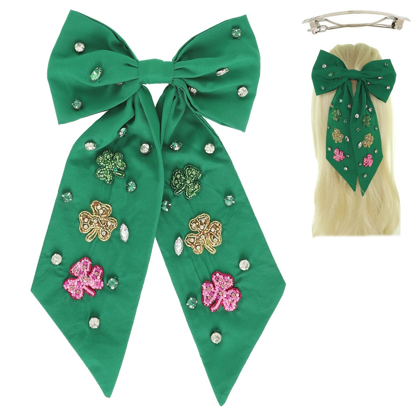 SAINT PATRICKS SHAMROCK BOW BARRETTE HAIR CLIP - Green