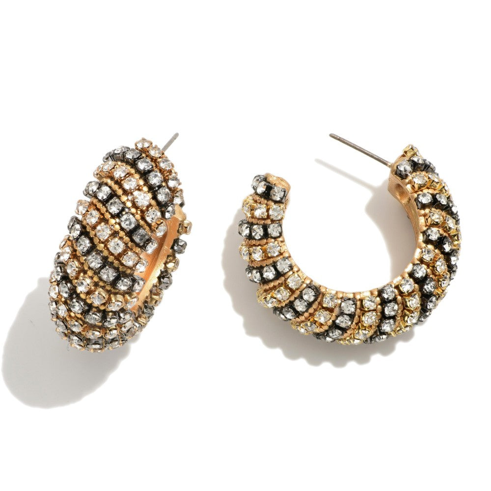 Rhinestone Studded Gold Tone Curled Metal Hoop Earrings With Titanium Posts