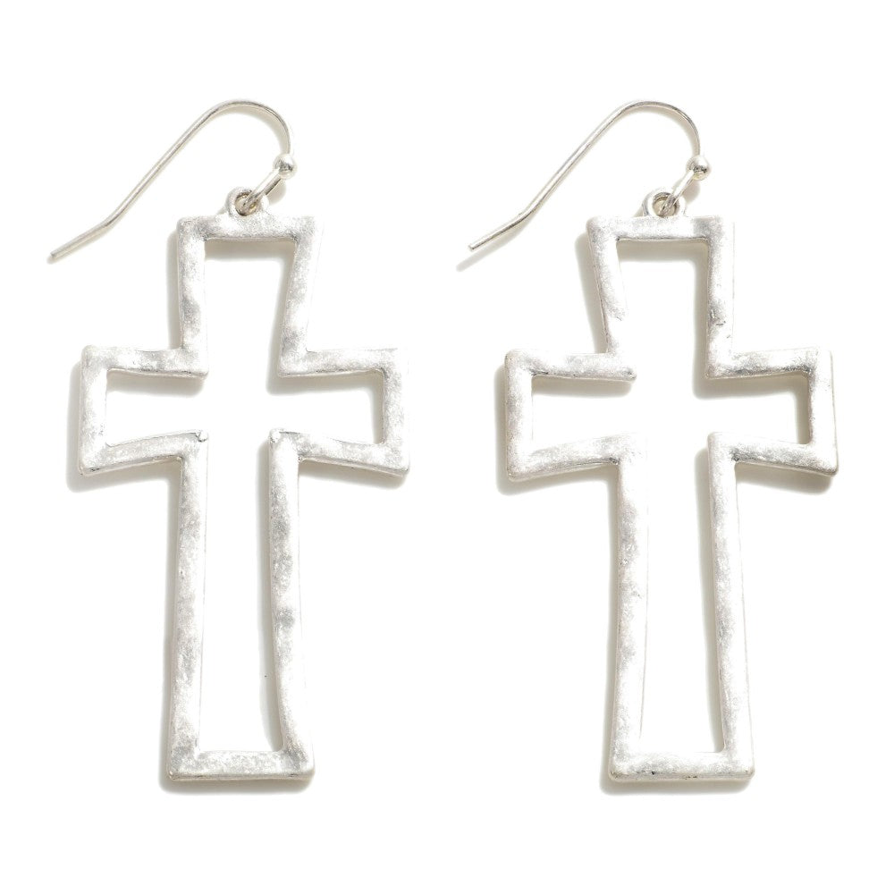 Metal Cross Drop Earrings - Silver
