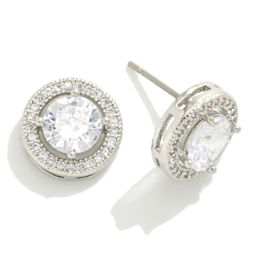 Circular Stud Earrings Featuring Round Stone With Pave Accent - Silver