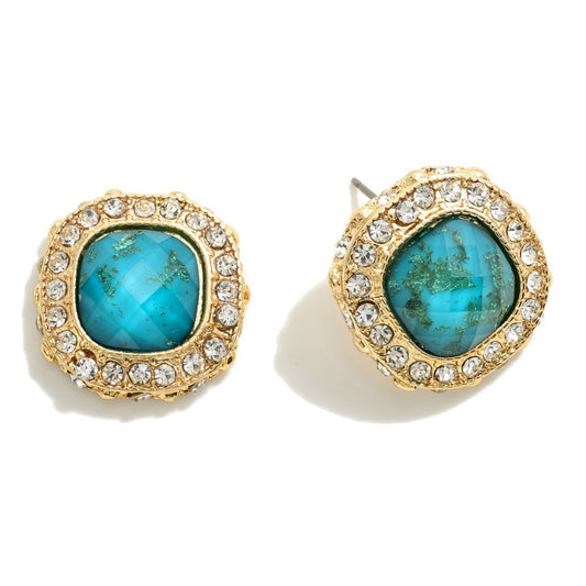 Cushion Cut Rhinestone Stud Earrings With Rhinestone Border