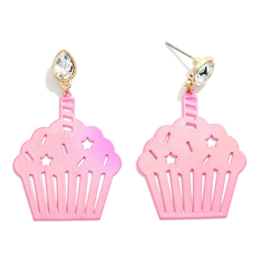 Birthday Cupcake Drop Earring With Rhinestone Candle Detail - Pink