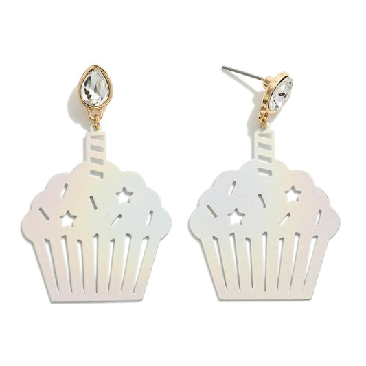Birthday Cupcake Drop Earring With Rhinestone Candle Detail - White