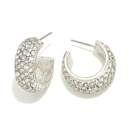 Rhinestone Studded Huggie Hoop Earring - Silver