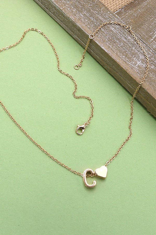 BRASS MONOGRAM INITIAL HEART CHARM NECKLACE - C
