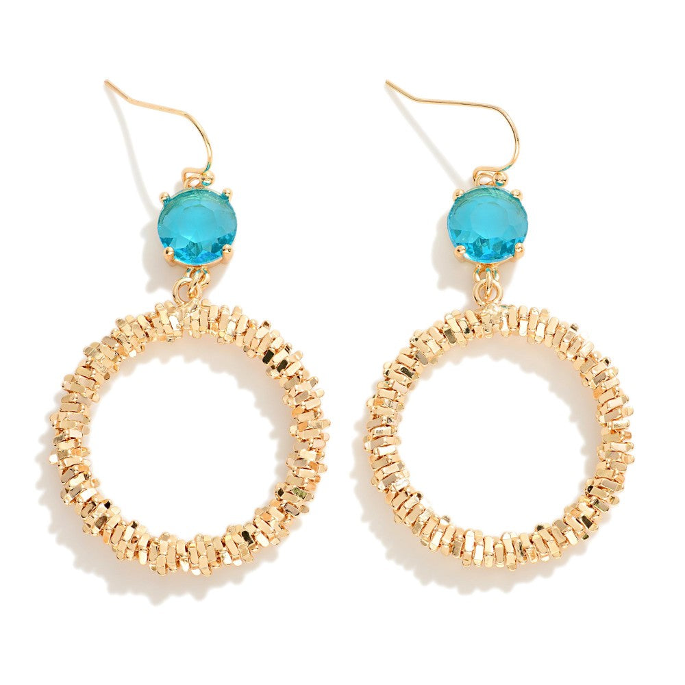 Crinkle Metal Hoop Drop Earrings With Glass Crystal Detail - Aqua